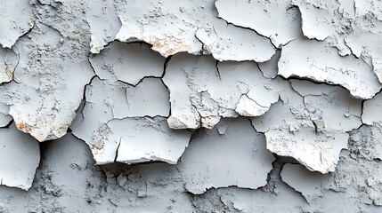 Obraz premium Close-up of cracked white paint on a wall, revealing the underlying surface.
