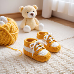 A baby pair of shoes, skillfully crocheted with a yellow and white yarn