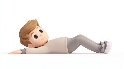 A cartoonish boy lying on the ground with a relaxed expression, showcasing a playful design.