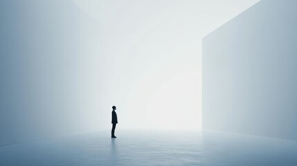 A lone figure stands in a vast, white space, facing a bright opening.
