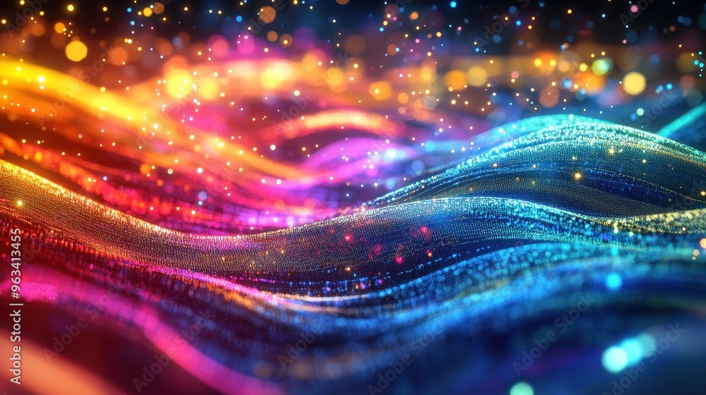 Poster data flow: dynamic abstract background of colorful waves representing internet connectivity