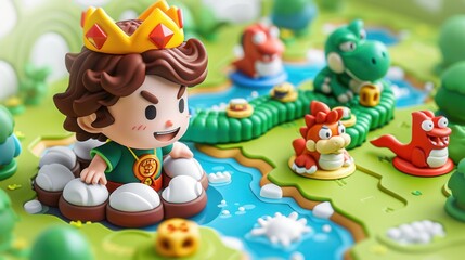 Naklejka premium Colorful miniature scene featuring a playful character with a crown, surrounded by vibrant creatures in a whimsical landscape.