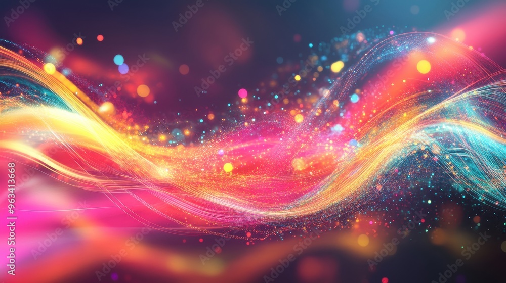 Poster digital data flow: abstract network of colorful waves representing internet connections and speed