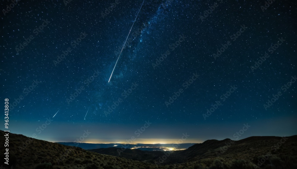 Poster a captivating image capturing a meteor shower streaking across a starry sky above a mountain range. 