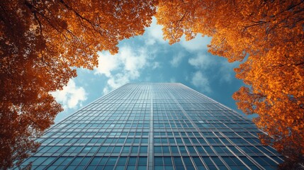 A tall glass building framed by vibrant autumn foliage.