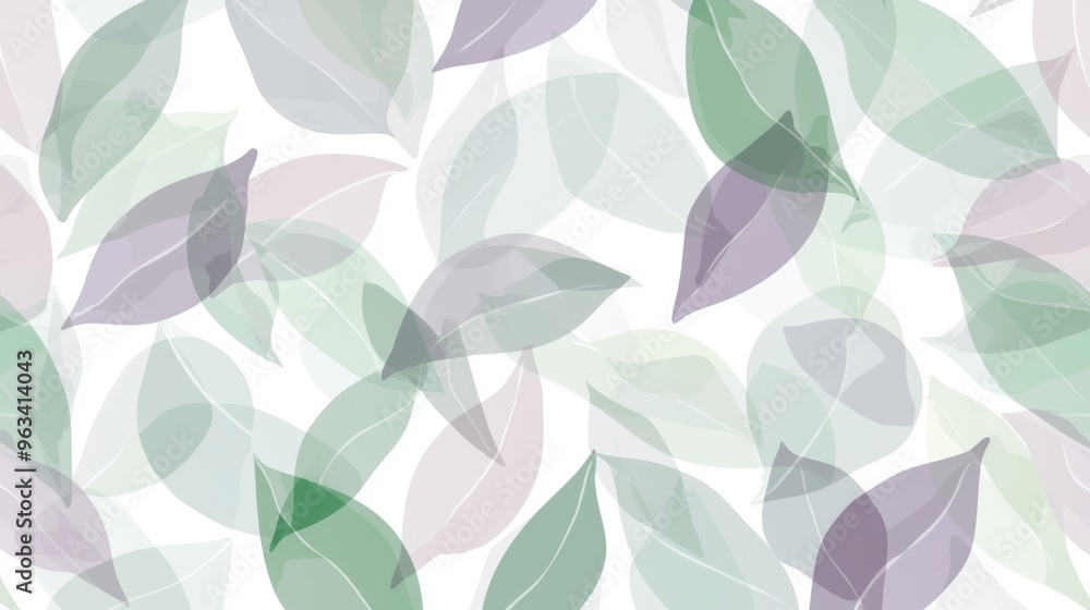 Poster repeating pattern of green and purple leaves is floating on a white background, creating a calming a