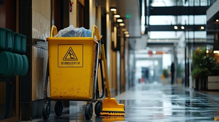 A cleaning cart with a yellow sign on it. The sign warns that the cart is not for use by children . generative ai