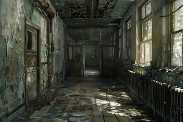 Sunlight shining through broken windows illuminating an abandoned school hallway with damaged walls