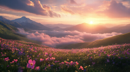 Stunning mountain landscape at sunrise with a vibrant meadow of wildflowers and a breathtaking view of misty valleys.