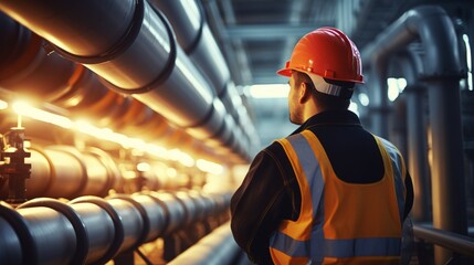 Heavy Industry Engineer Stand in Pipe Manufacturing Factory. Neural network ai generated art