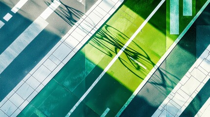 Aerial view of shadows of people cycling on a green bike path in a modern city center, suggesting eco friendly transportation and urban planning