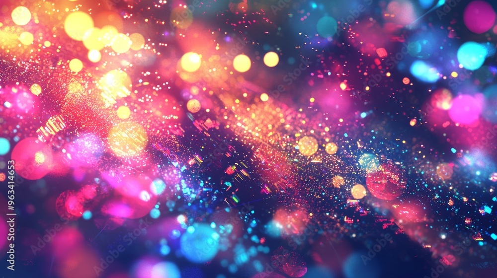 Poster abstract defocused colorful lights are creating a festive bokeh background with sparkling particles.