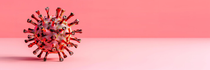3D illustration of a coronavirus particle on a pink background. The virus is a microscopic organism that causes the disease COVID 19.
