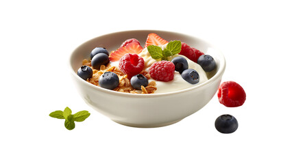 A bowl of creamy Greek yogurt topped with honey and mixed berries 