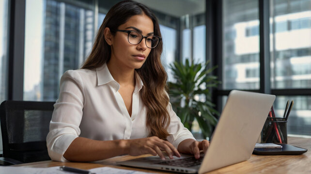 A female professional working efficiently at her desk, with her laptop open and business documents spread out