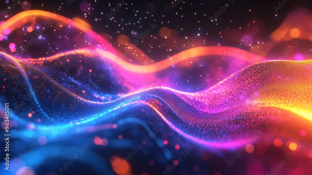 Poster digital connectivity: abstract interwoven light and color curves representing data flow and internet