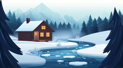 Fototapeta premium A serene winter scene featuring a cozy cabin by a river, surrounded by snowy mountains and evergreen trees under a gentle sky.
