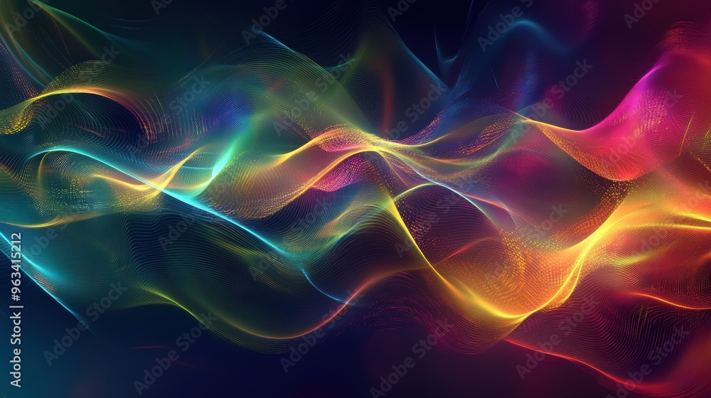 Poster illuminated data flow: abstract background of colorful waves representing digital connectivity