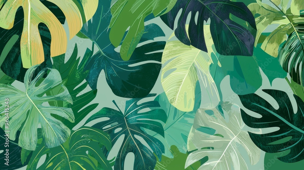 Poster vibrant tropical jungle leaves in shades of green, creating depth and texture for a refreshing desig