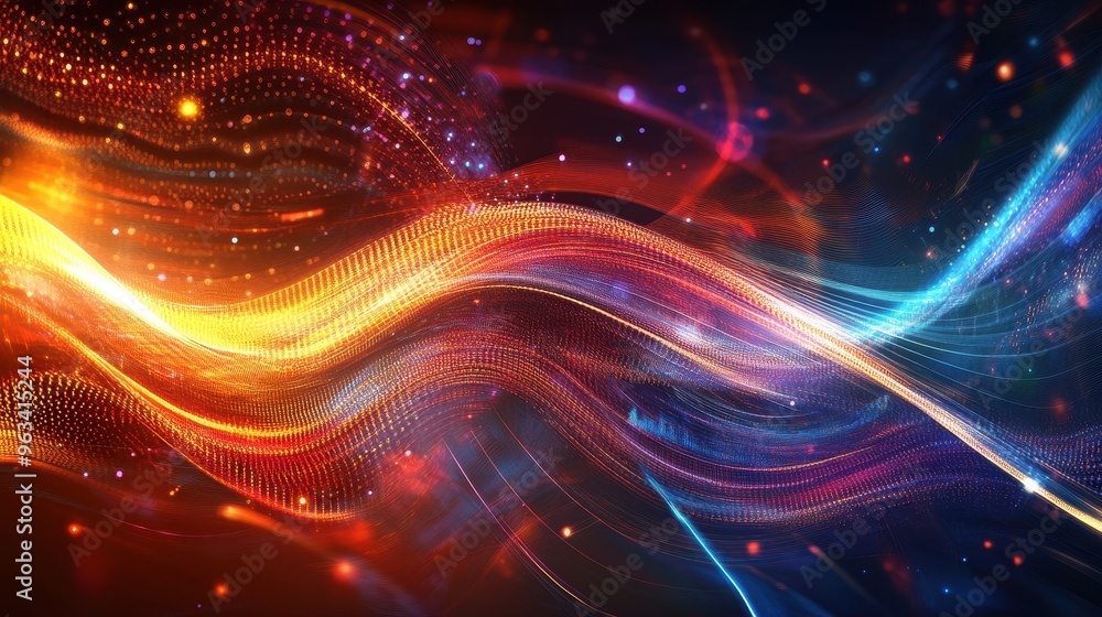 Poster Technological Connectivity: Abstract Colorful Waves Representing Data Flow and Digital Network Communication