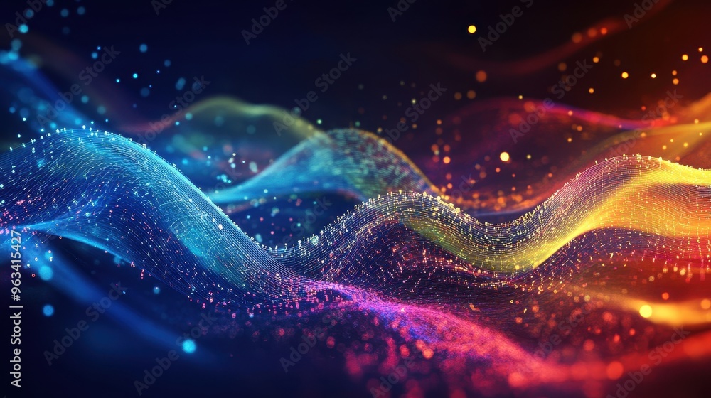 Poster data flow: abstract background of colorful waves and curves illustrating internet communication dyna