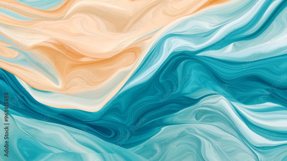Poster abstract background with a digital art concept, featuring a flowing, wave like pattern in shades of 