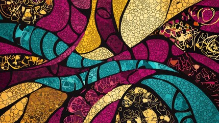 Abstract image featuring a colorful mosaic pattern forming wavy shapes, creating a sense of movement and depth. The vibrant colors and intricate details make it a captivating visual experience