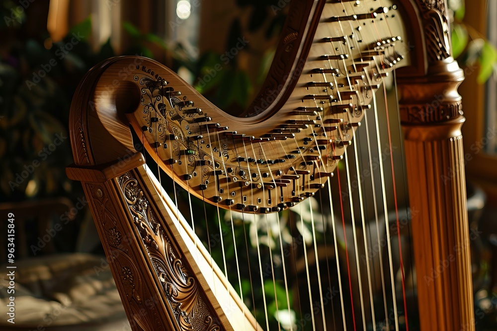 Poster beautiful wooden harp with intricate carvings is illuminated by warm light, its strings ready to res