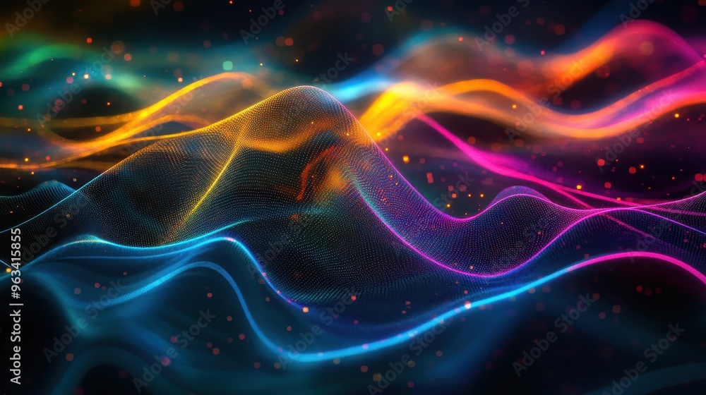 Poster digital network connections: abstract flowing lines of color on dark background