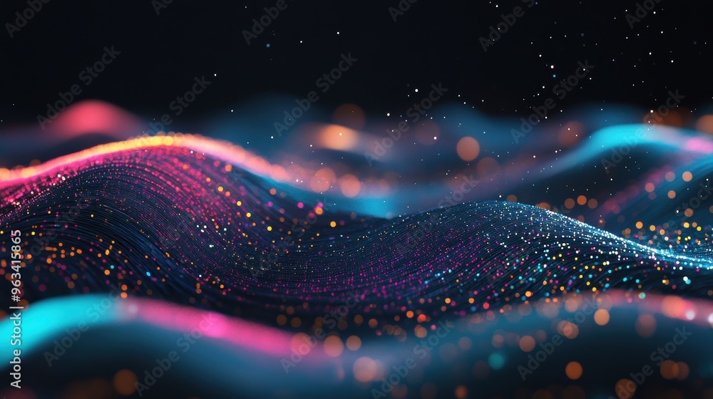 Poster abstract data transmission - curved color lines representing digital network connections on dark bac