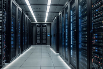 A large room with many computer servers. The servers are in rows and are all connected to each other