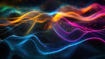 Digital Network Connections: Abstract Flowing Lines of Color on Dark Background