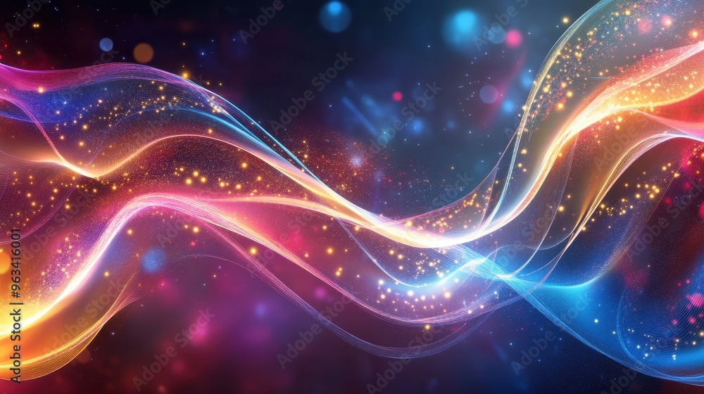 Poster data flow: abstract background of dynamic interwoven lights and colors symbolizing digital connectiv