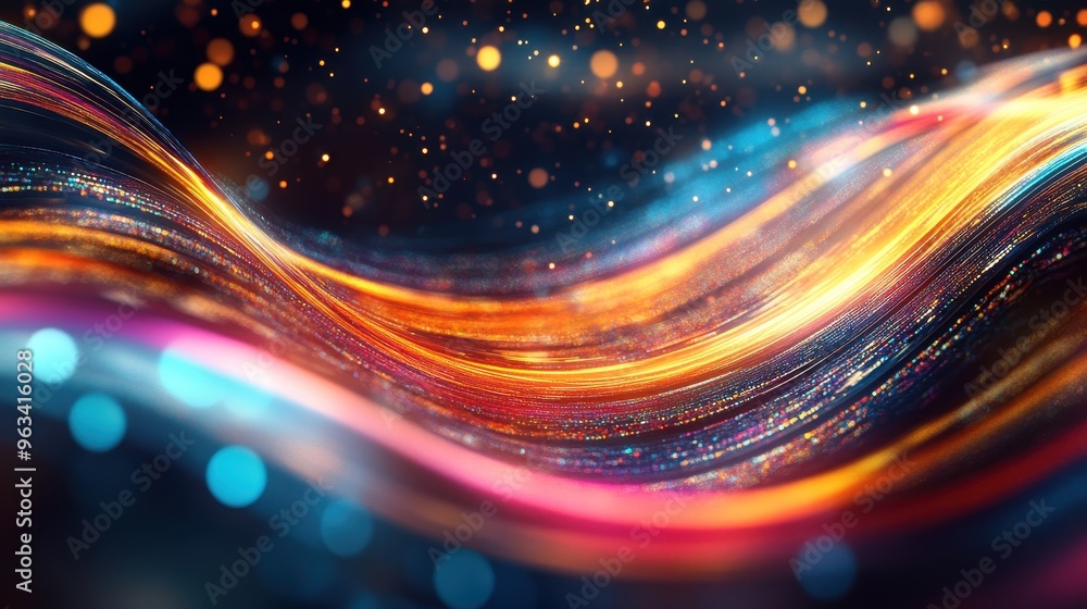 Poster digital network connectivity: abstract curves of light and color representing data flow