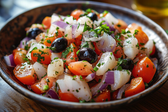 Enjoying a vibrant Esqueixada salad bursting with fresh flavors at a sunny Catalan terrace in warm summer