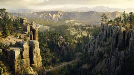 The jagged cliffs of the Black Hills, with a pine forest and winding roads leading through the landscape