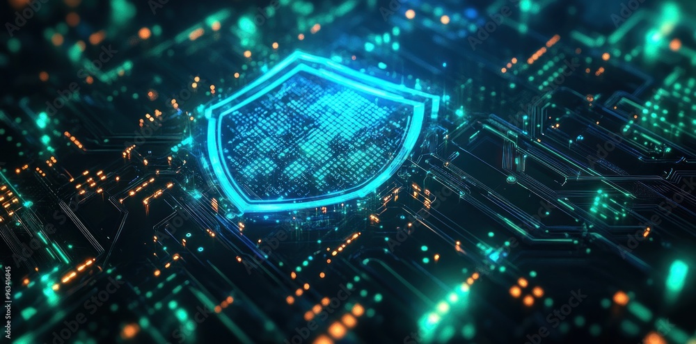 Poster glowing shield embedded in a circuit board