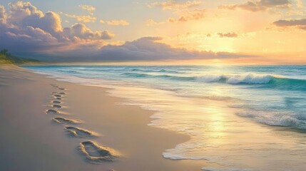 Fototapeta premium Beach at dawn with soft, pastel skies, gentle waves, and footprints in the sand leading to the water edge