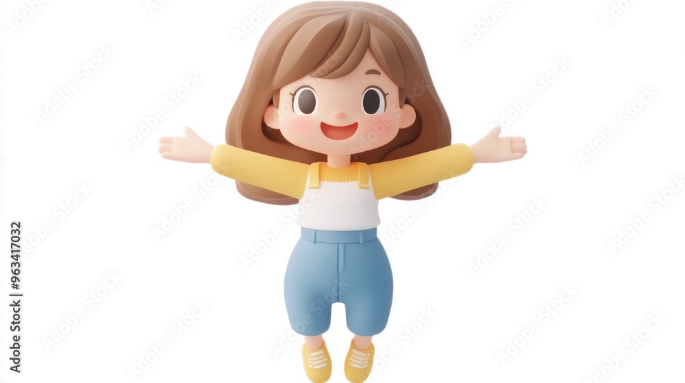 Poster A cheerful animated girl with brown hair, wearing a yellow top and blue overalls, arms outstretched.