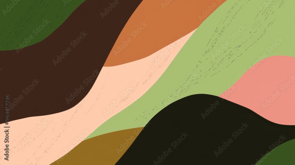 Poster smooth, curved shapes in muted shades of green, brown, and pink overlap, creating a richly textured 