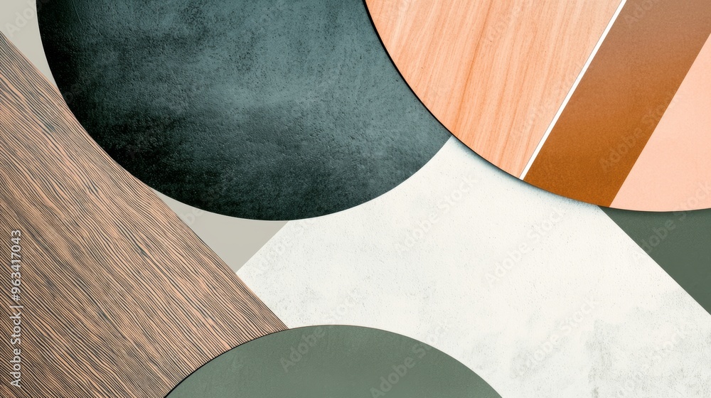 Poster abstract image showing a modern design using circles and squares of different materials, including w