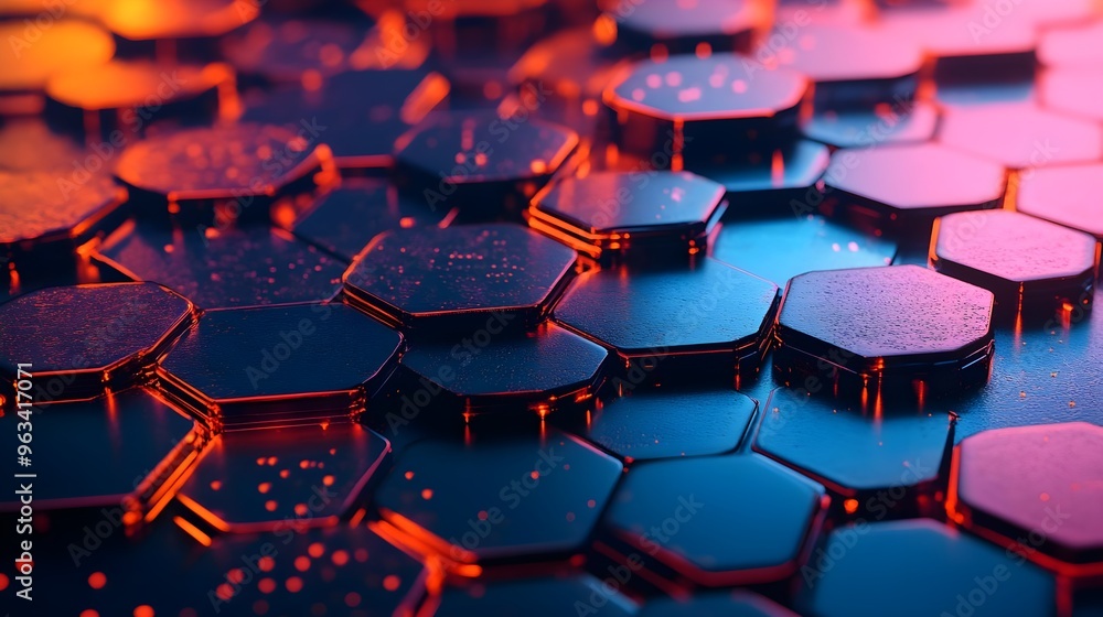 Aufkleber close-up of glowing hexagonal tiles with vibrant colors, creating a modern and futuristic digital te