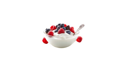 A bowl of mixed berries with a dollop of Greek yogurt and honey 