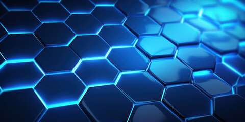 Fototapeta premium Blue hexagon background. Close-up Hexagonal shapes. Honeycomb pattern. Technology, digital and futuristic design. Polygonal, geometric wallpaper.