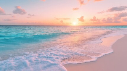 Obraz premium Crystal-clear turquoise waters gently caressing a white sandy beach at sunrise, with soft pink and orange hues in the sky