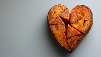 
Heart-shaped baked sweet potato sliced into sections, golden brown texture, minimalistic background, focus on healthy eating, recipes, and nutritional benefits with space for text