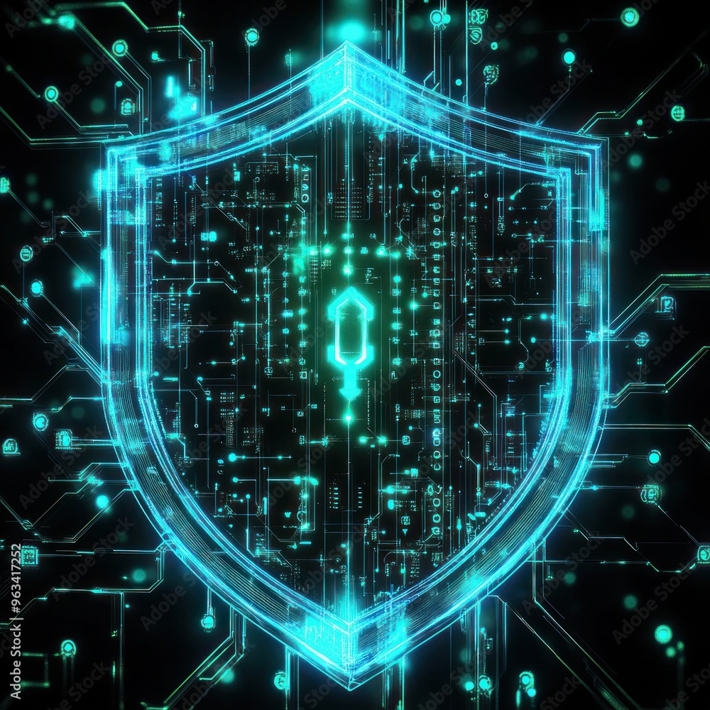 Poster a glowing digital shield with circuitry pattern