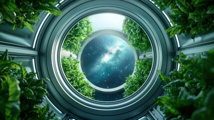 Hydroponic greenhouse in deep space with astronauts monitoring growth, Milky Way galaxy visible through the roof, realistic photograph,