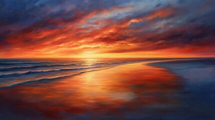 Fototapeta premium Sunset on a pristine beach, with the sky painted in deep oranges and reds, and the sea reflecting the warm colors