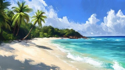 Tropical beach with clear blue water, palm trees swaying in the breeze, and soft white sand, perfectly capturing paradise